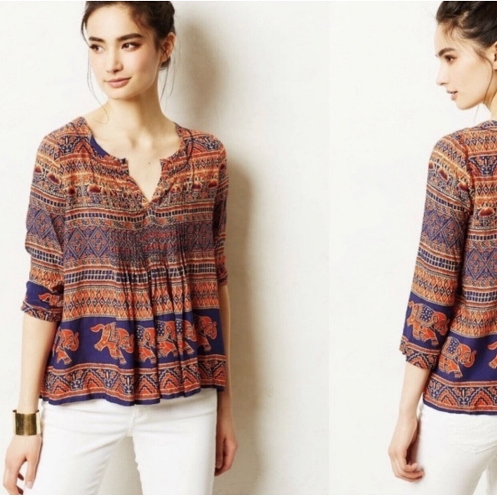 ANTHROPOLOGIE | Vanessa Virginia | Size 12 / L | Flowy Pleated Elephant Top